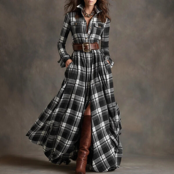 Large Size Women's Clothing French Retro Grid Slim Irregular Dress - Image 10