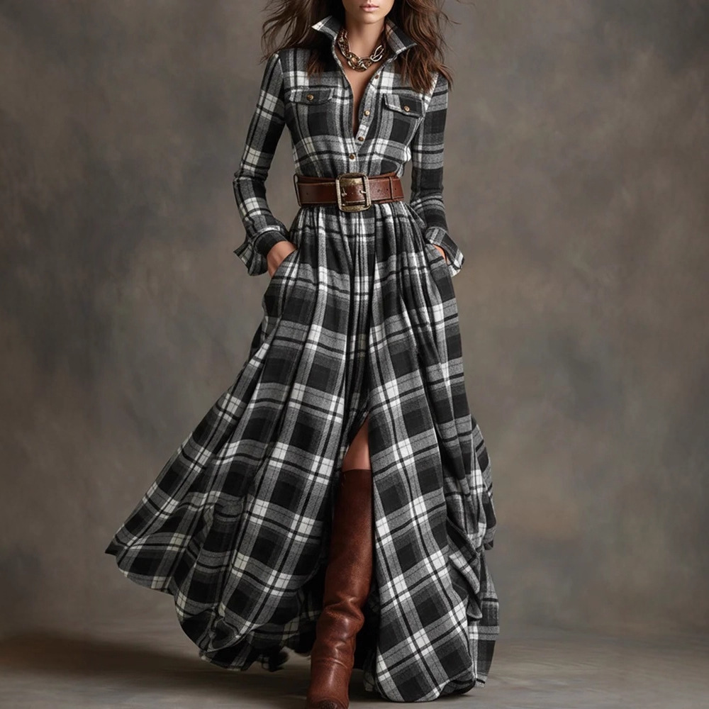 Large Size Women's Clothing French Retro Grid Slim Irregular Dress - Image 10