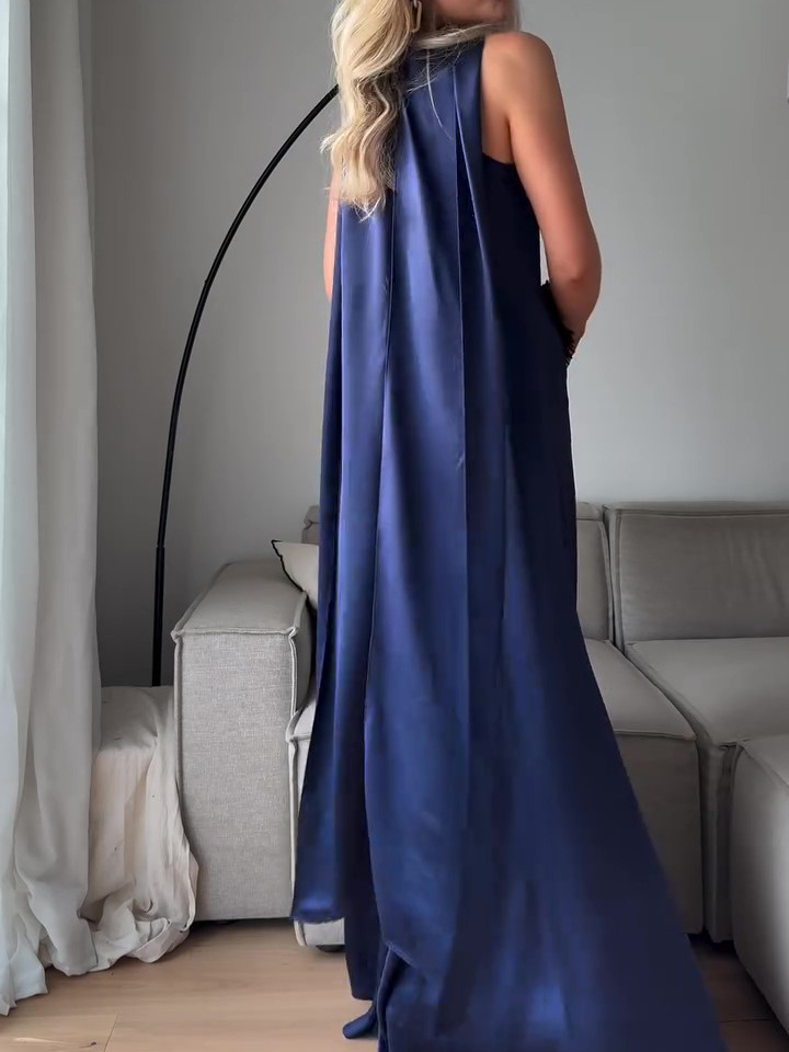 Royal Blue Satin Sleeveless Maxi Dress - Image 5