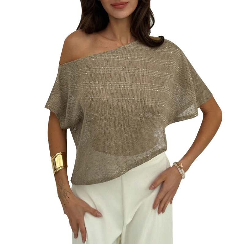 Loose T-shirt Oblique Shoulder SMS Sequined Semi-transparent Pullover Top For Women - Image 5
