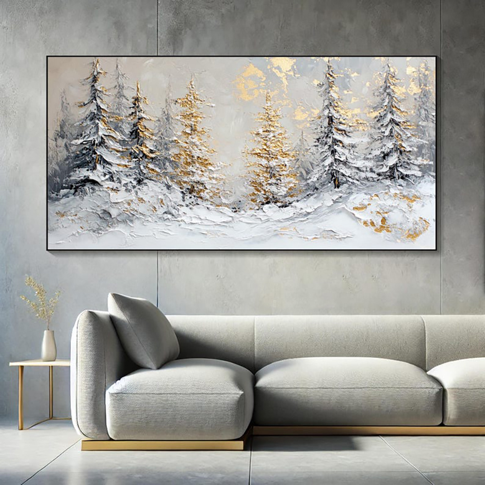 Handmade Oil Painting Canvas Wall Art Decoration Christmas Snowy Winter Scene Golden Pine Trees For Home Decor Rolled Frameless Unstretched Painting - Image 3