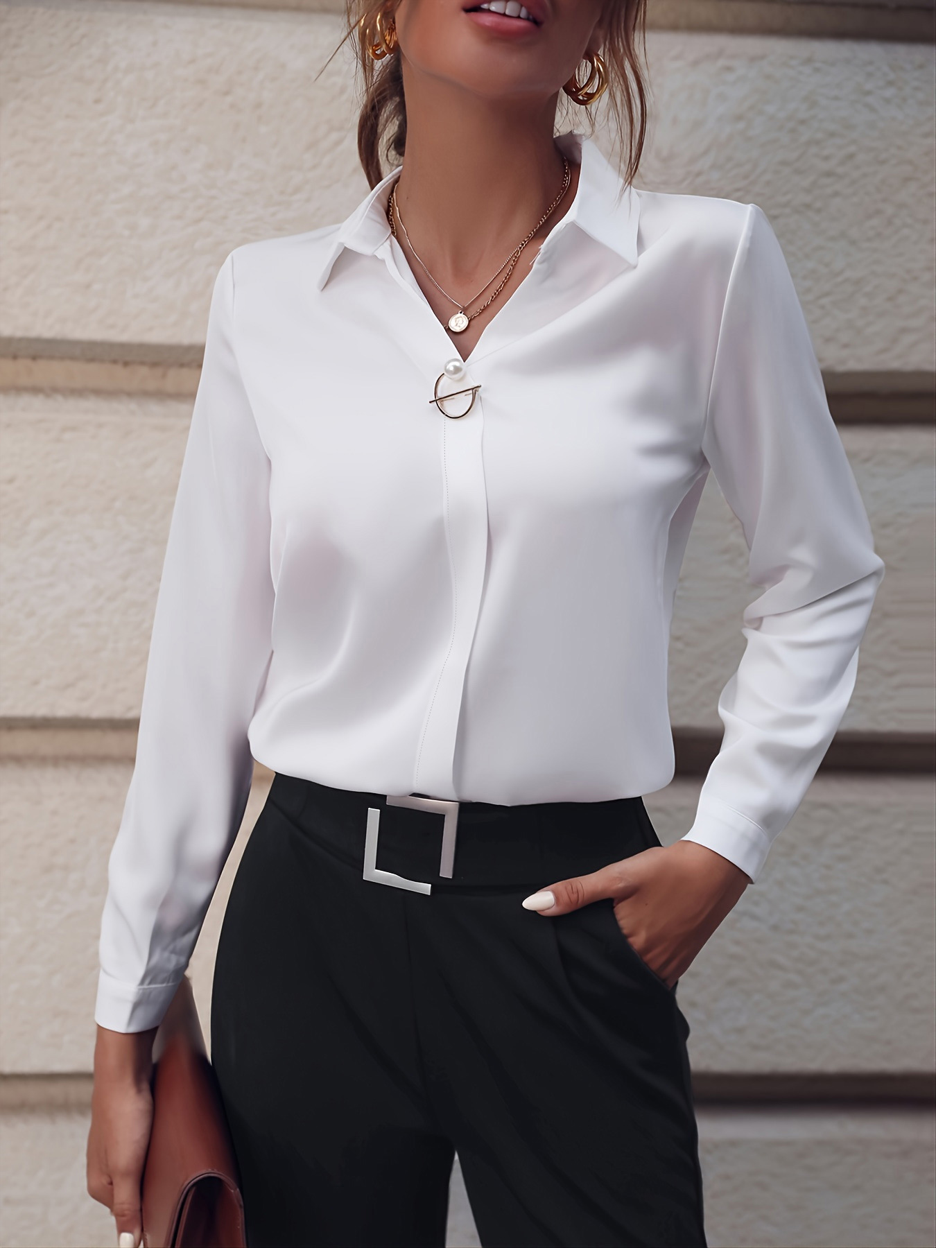Commuter V-neck Long-sleeved Shirts Ins Fashion Solid Color Pullover Top Autumn And Spring Women's Clothing - Image 5