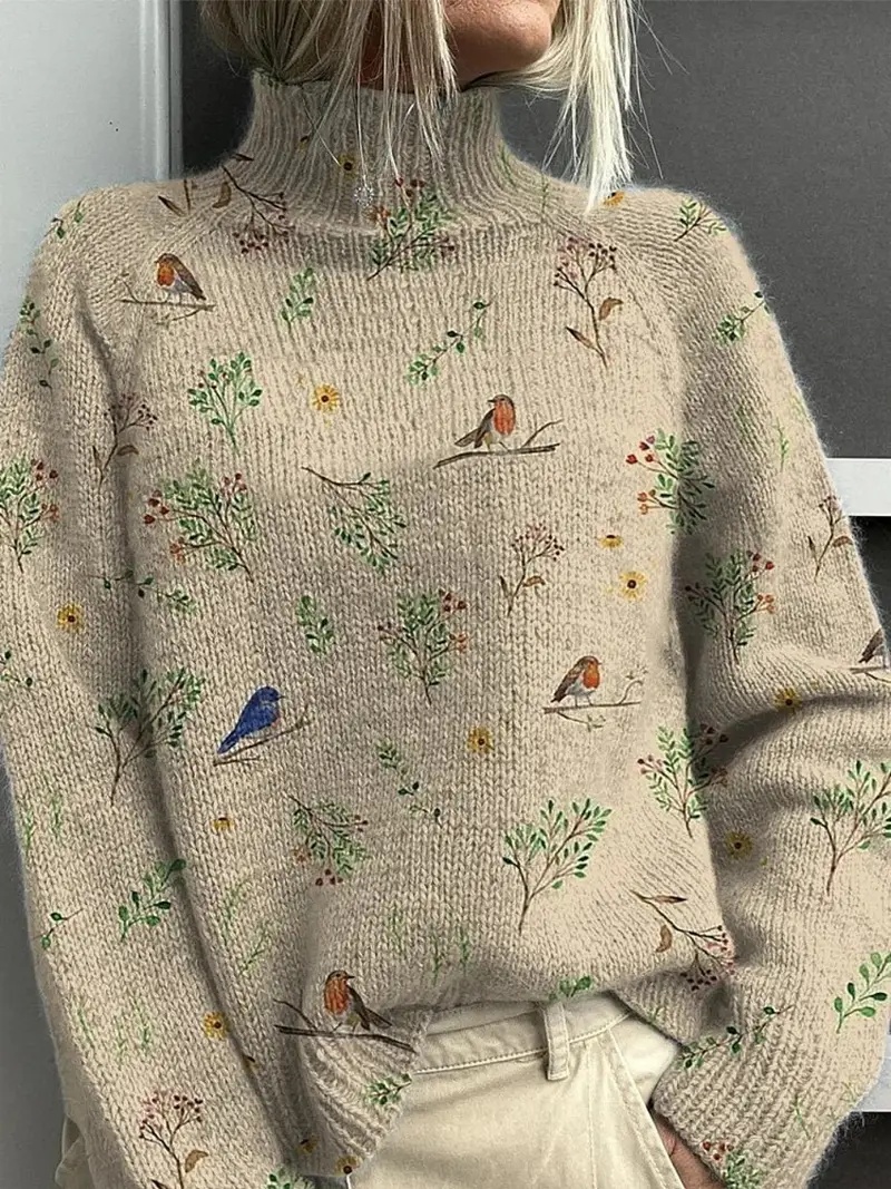 Women's Vintage Floral Print Pullover - Turtleneck Long Sleeve Loose Fit Polyester Top - Image 6