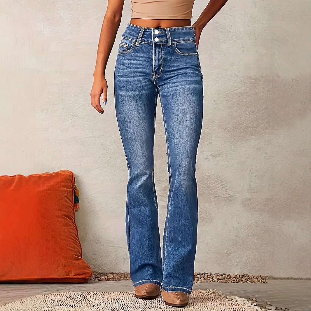 Skinny Flared Jeans With Pockets Fashion Button Zipper Trousers Women's Slim Denim Pants - Image 7