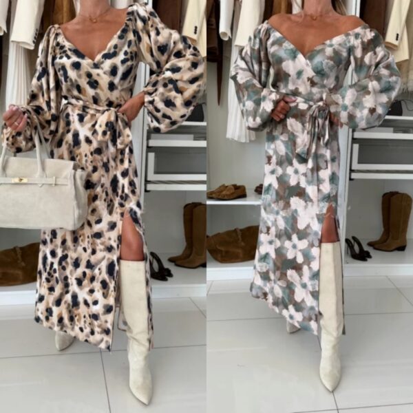 Women's Printed Waist-controlled Hem Slit Long-sleeved Dress - Image 2