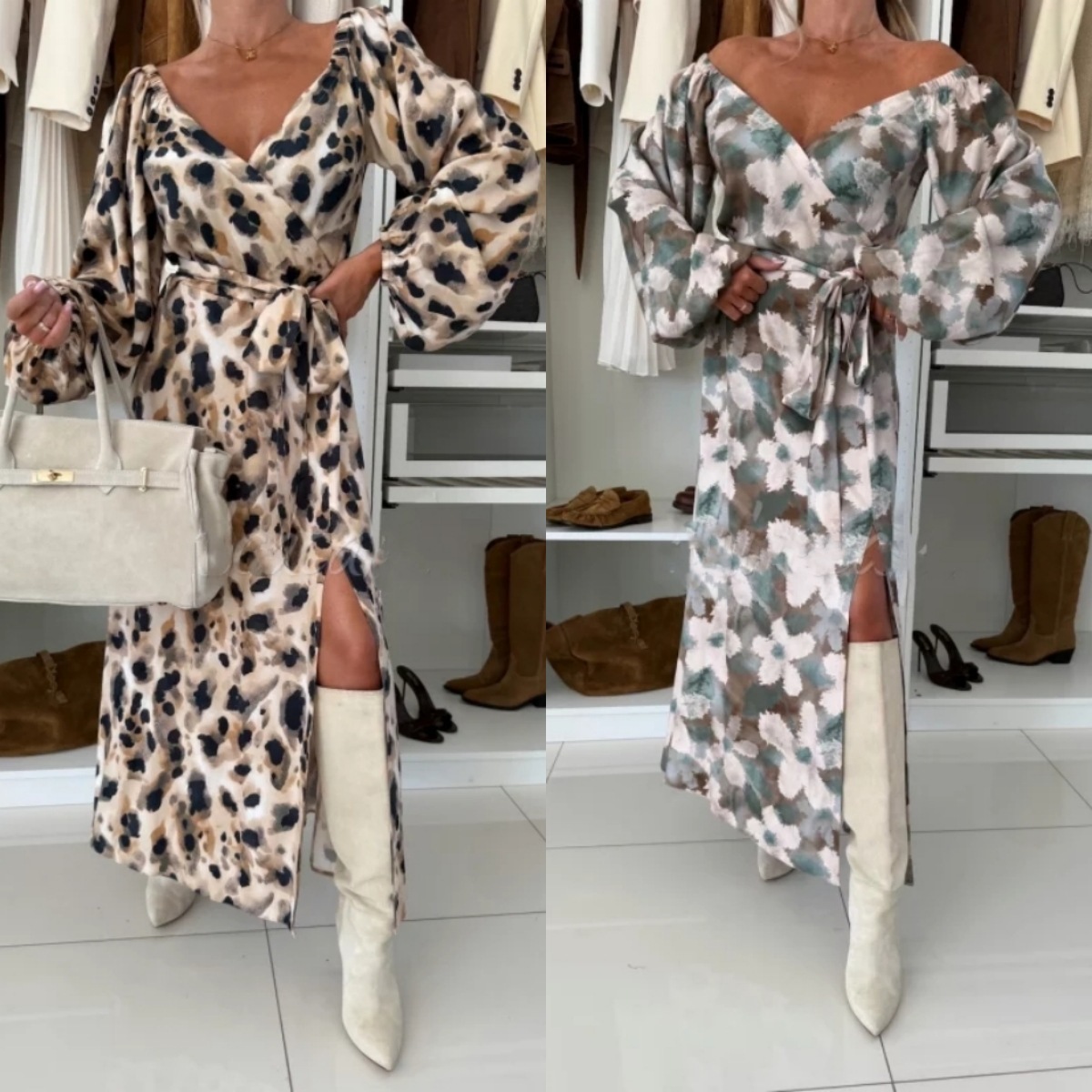 Women's Printed Waist-controlled Hem Slit Long-sleeved Dress - Image 2