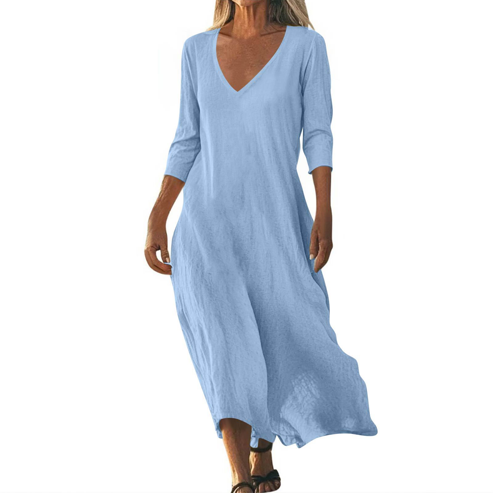 Cotton Linen V-neck Short Sleeve Loose Dress Women's Clothing
