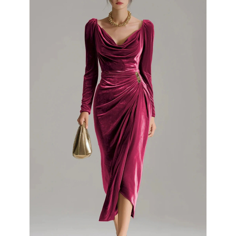 Long Sleeve Pleated Long Slit Velvet Sheath Dress - Image 6