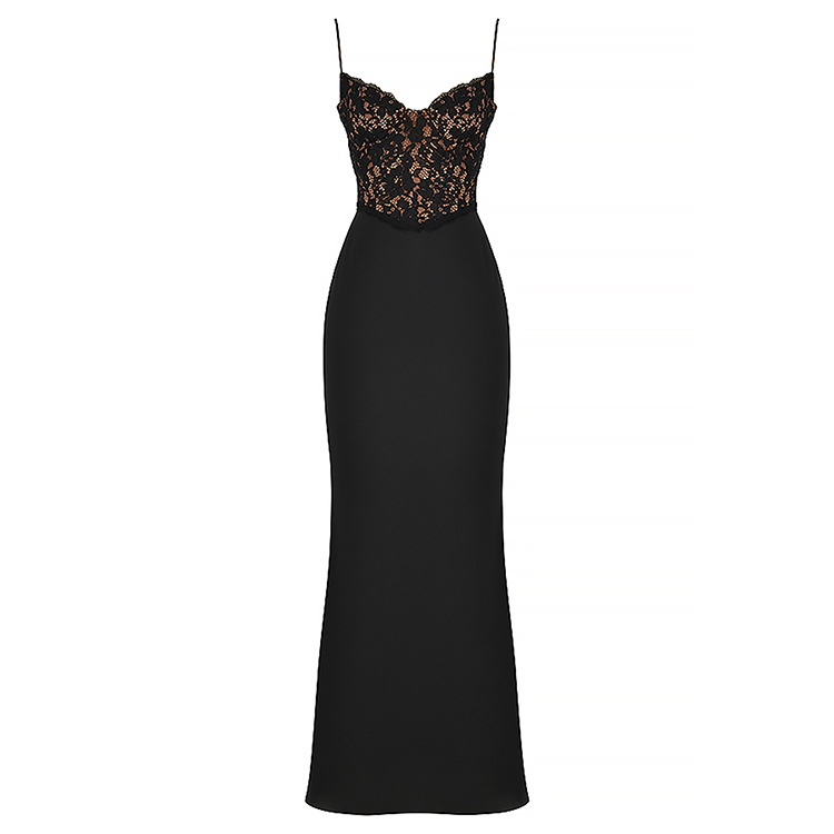 Lace High Waist Long Dress Deep V Strap Fishtail Gown - Image 4