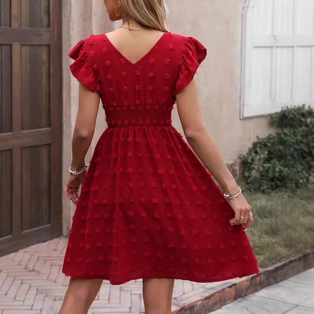 Jacquard Big Fur Ball Elastic Waist Ruffle Sleeve Short Sleeve V-neck Dress - Image 2