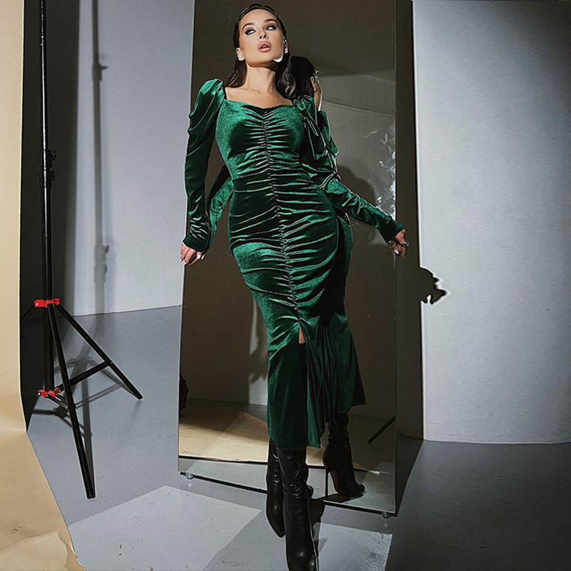 Women's Pleated Slim Fit Slit Long-sleeved Dress - Image 5