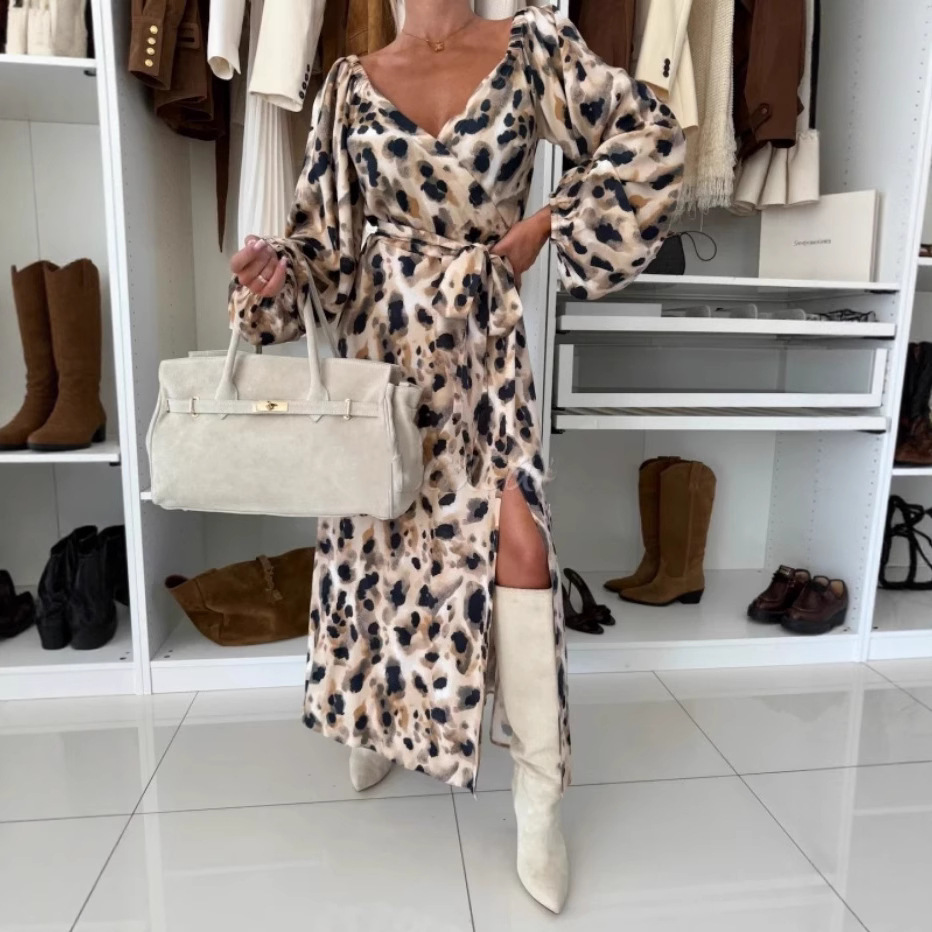 Women's Printed Waist-controlled Hem Slit Long-sleeved Dress - Image 4
