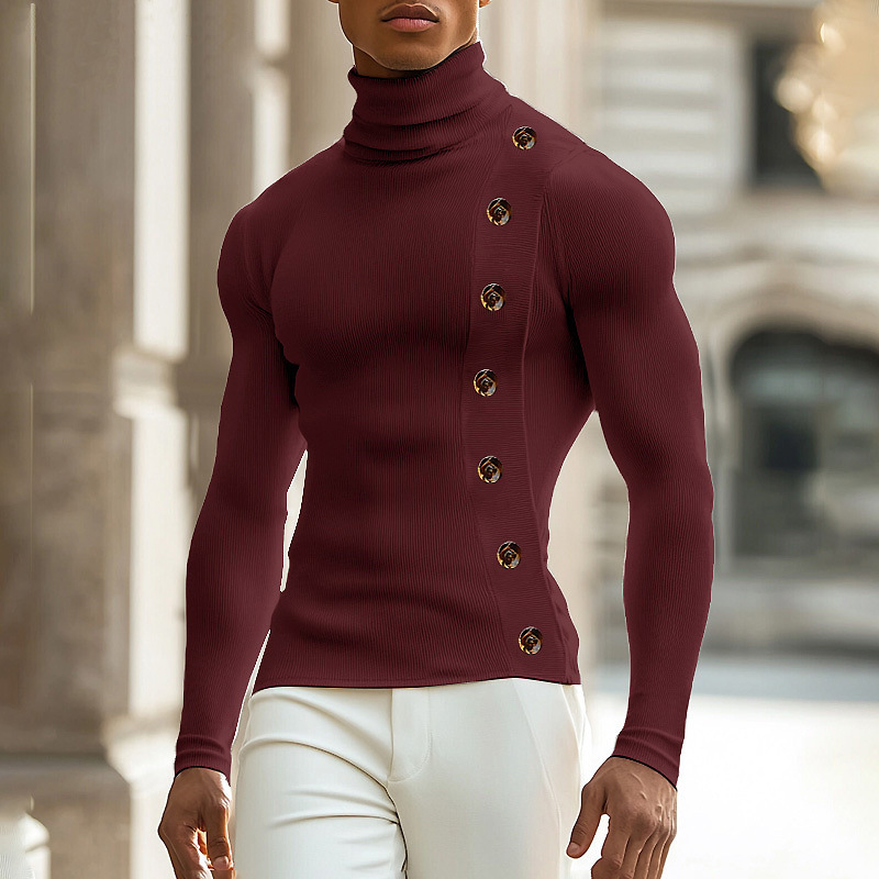 European And American Men Casual Sweater Turtleneck Buttons Solid Color Long Sleeve - Image 5