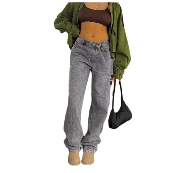 Fashionable Oblique Waist Low Waist Loose Hole Jeans For Women - Image 4