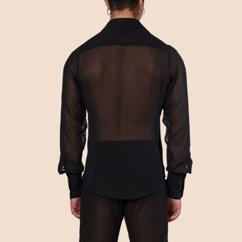 Black Thin See-through Chiffon Men's Slim Shirt - Image 5
