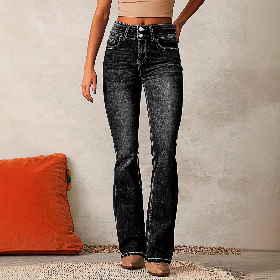 Skinny Flared Jeans With Pockets Fashion Button Zipper Trousers Women's Slim Denim Pants - Image 2