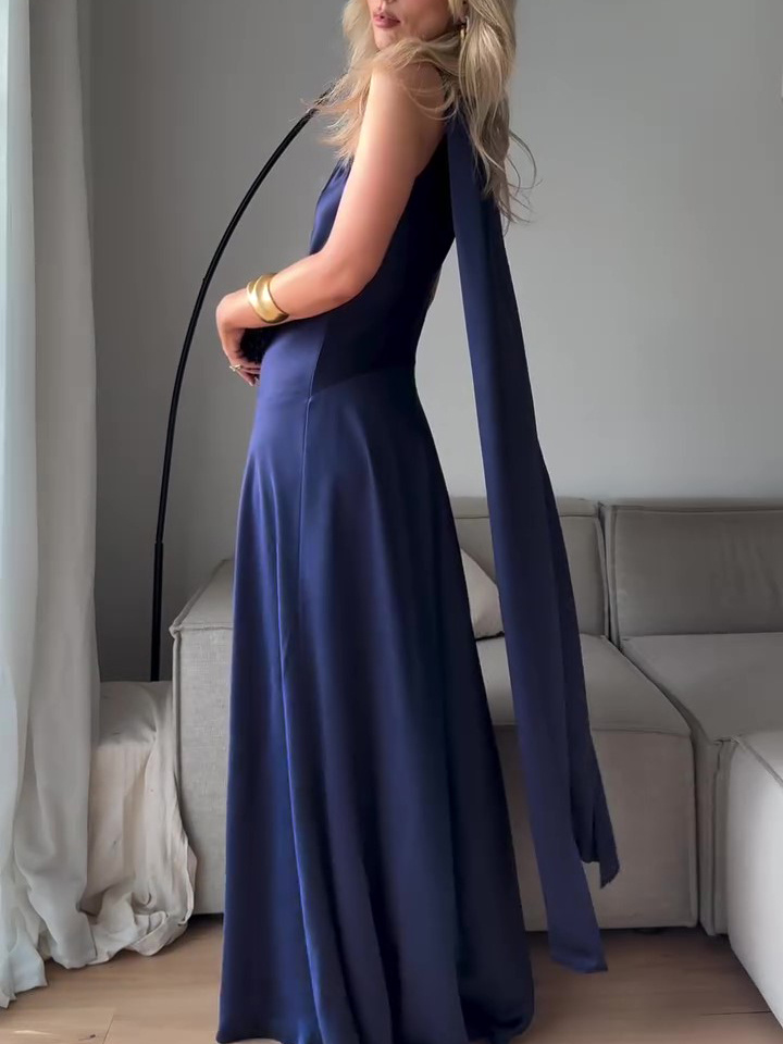 Royal Blue Satin Sleeveless Maxi Dress - Image 2