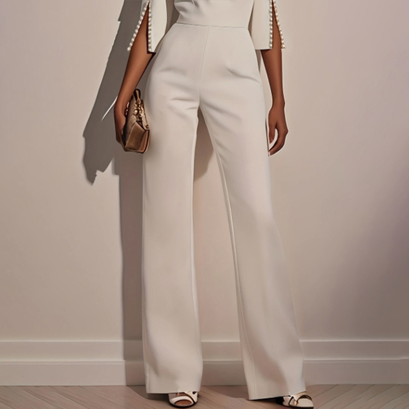 Women's Elegant Round Neck Jumpsuit - Mid-Sleeve With Side Slit Cuffs & Pearl Accents, Back Zipper Design For Casual To Formal Events - Image 5