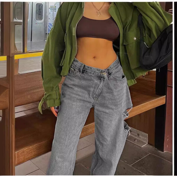 Fashionable Oblique Waist Low Waist Loose Hole Jeans For Women - Image 3