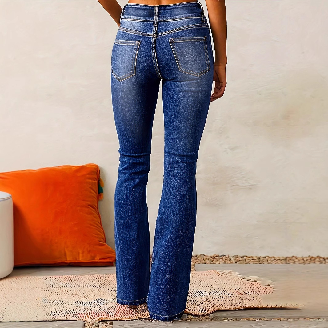 Skinny Flared Jeans With Pockets Fashion Button Zipper Trousers Women's Slim Denim Pants - Image 5