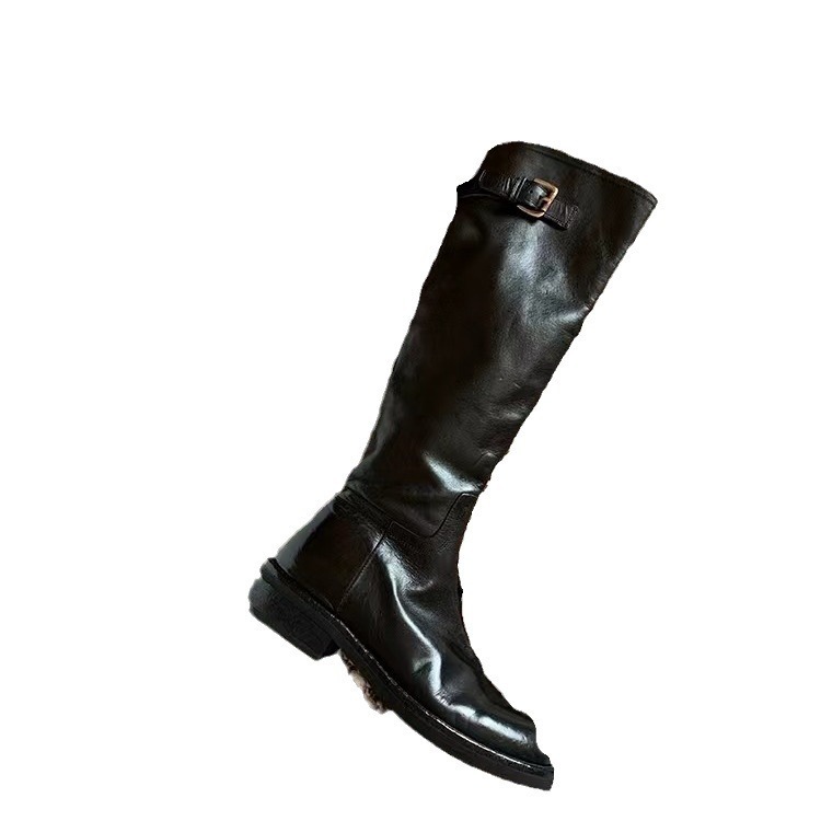 Washed Horse Leather Belt Buckle Thick Bottom Thigh High Boots Women - Image 4