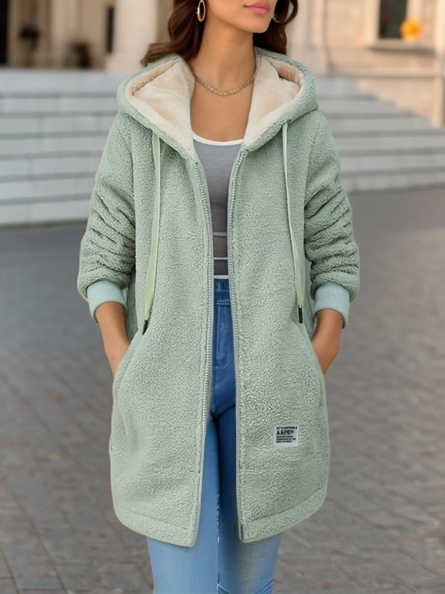Winter Fleece Hooded Jacket Fashion Casual Zip-up Pockets Long Sweatshirt Warm Commuter Women's Clothing - Image 8