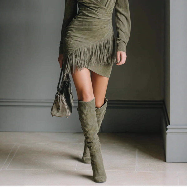 Western Denim Suede Tassels Slim-fit Long Sleeve Dress - Image 4