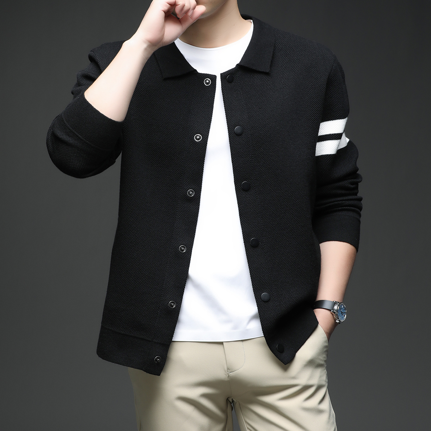 Knitted Cardigan Lapel Korean Slim Men's Jacket - Image 3