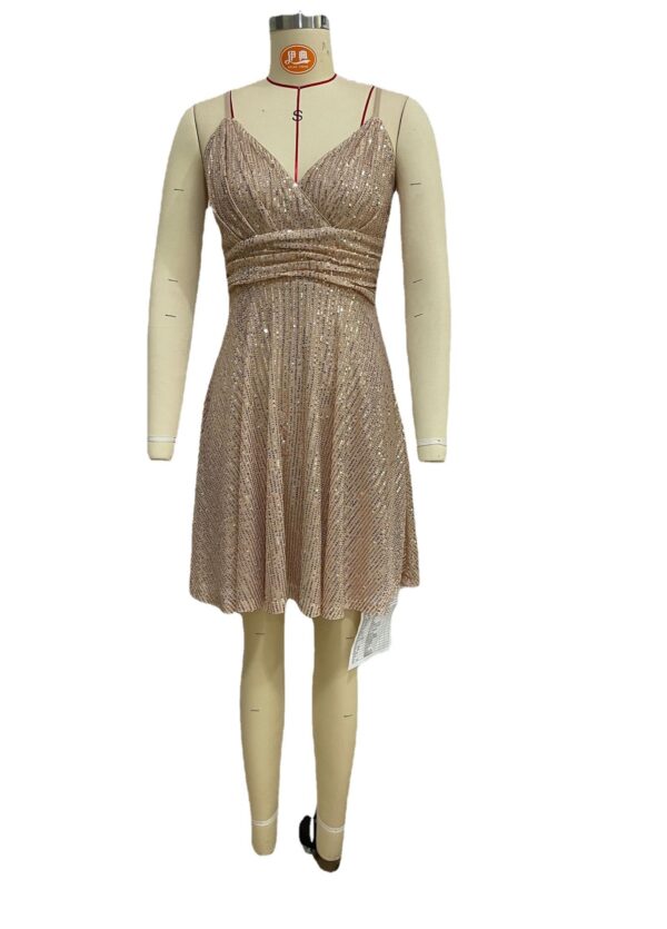 Autumn And Winter New Women's Sexy Gorgeous Sequined Dress Pleated Cross Strap Vacation Style Dress - Image 3