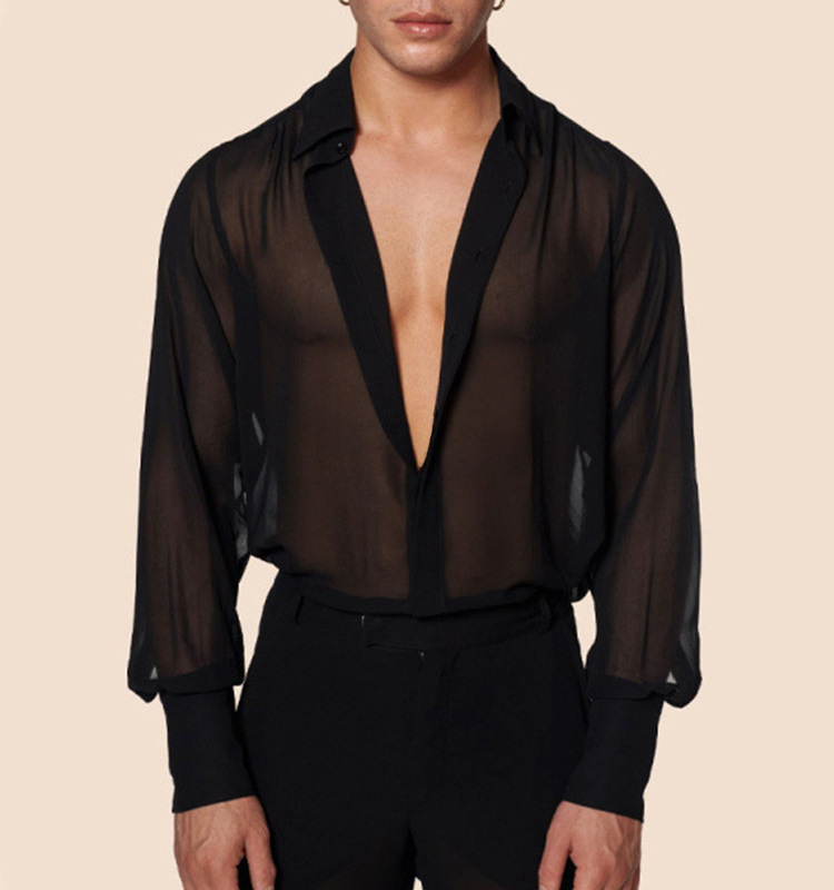 Black Thin See-through Chiffon Men's Slim Shirt - Image 6