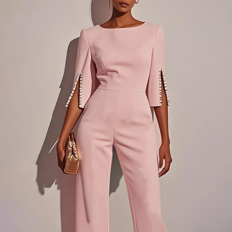 Women's Elegant Round Neck Jumpsuit - Mid-Sleeve With Side Slit Cuffs & Pearl Accents, Back Zipper Design For Casual To Formal Events - Image 10