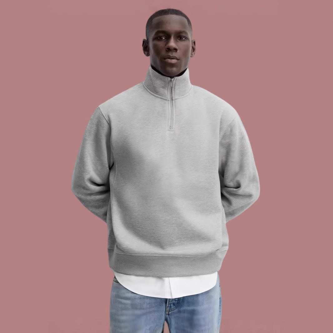 Half Zipped Stand Collar Gray Sweater Same Style For Men And Women - Image 8