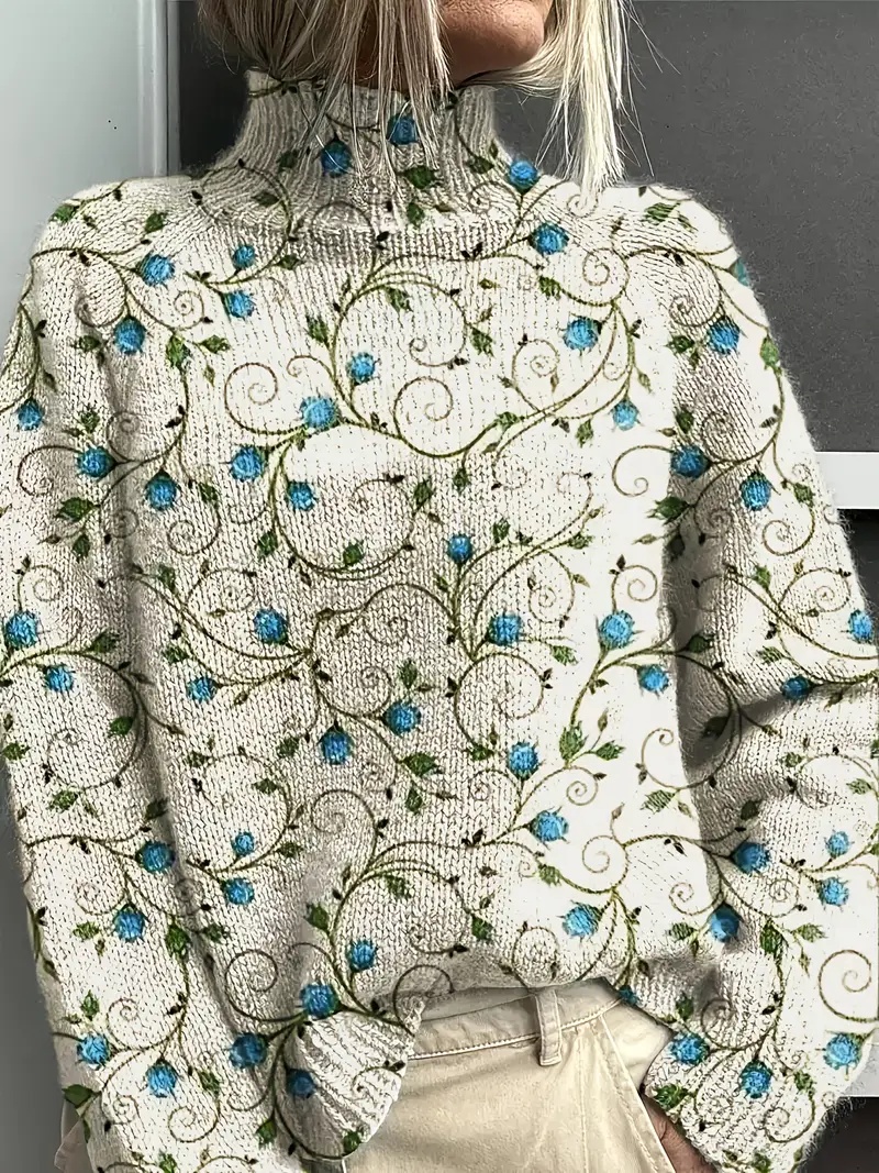 Women's Vintage Floral Print Pullover - Turtleneck Long Sleeve Loose Fit Polyester Top - Image 10