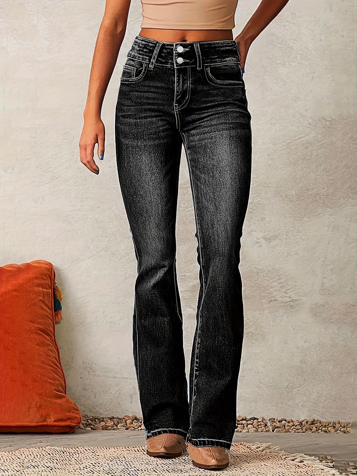 Skinny Flared Jeans With Pockets Fashion Button Zipper Trousers Women's Slim Denim Pants - Image 4