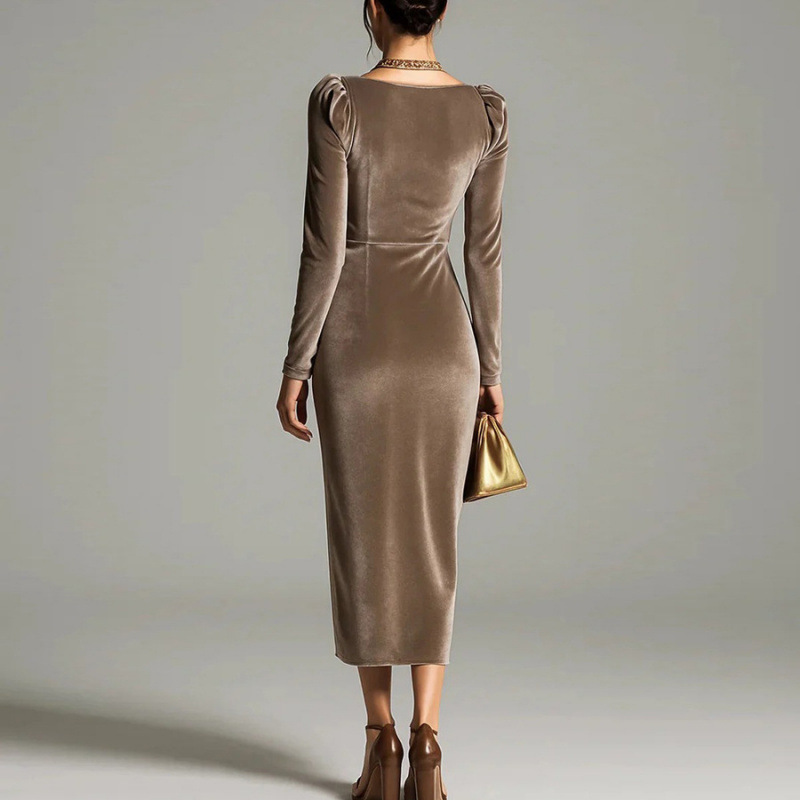 Long Sleeve Pleated Long Slit Velvet Sheath Dress - Image 2