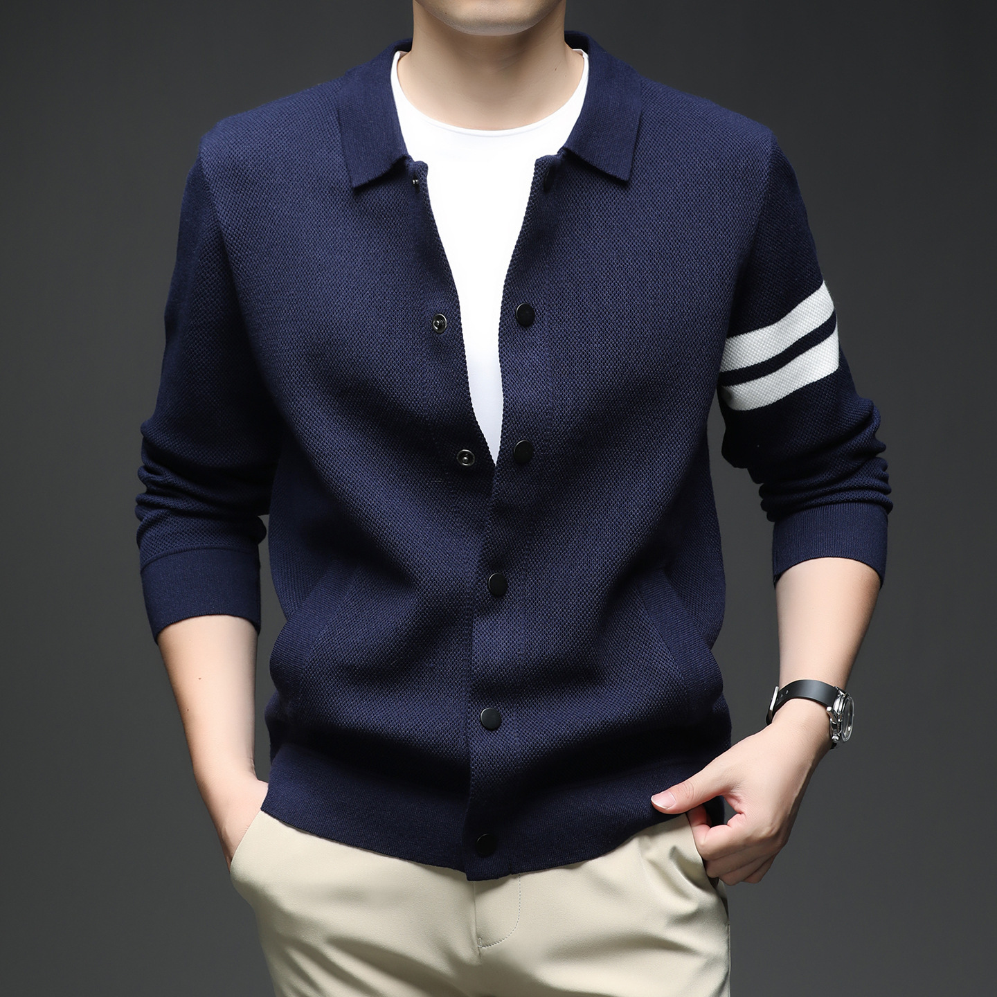 Knitted Cardigan Lapel Korean Slim Men's Jacket - Image 6