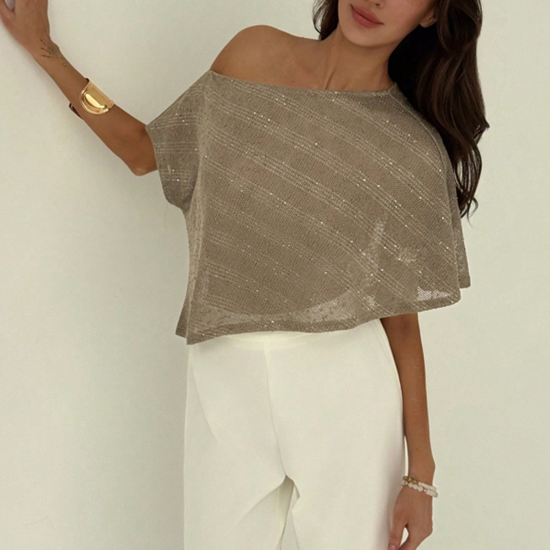 Loose T-shirt Oblique Shoulder SMS Sequined Semi-transparent Pullover Top For Women - Image 4
