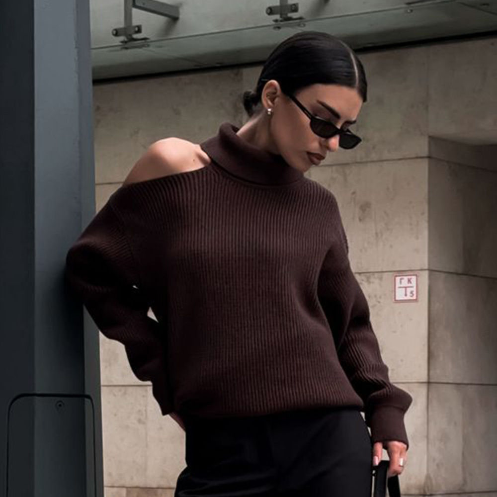 Fashion Pullover Knitting Turtleneck Off-the-shoulder Sweater - Image 4