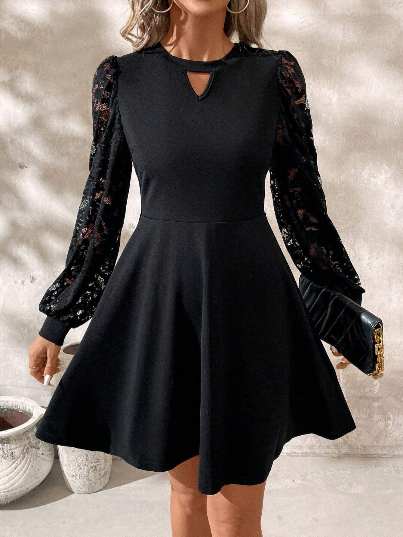 Elegant Women's Black Round Neck Lace Stitching Long Sleeve Slim Flared Hem Dress - Image 2