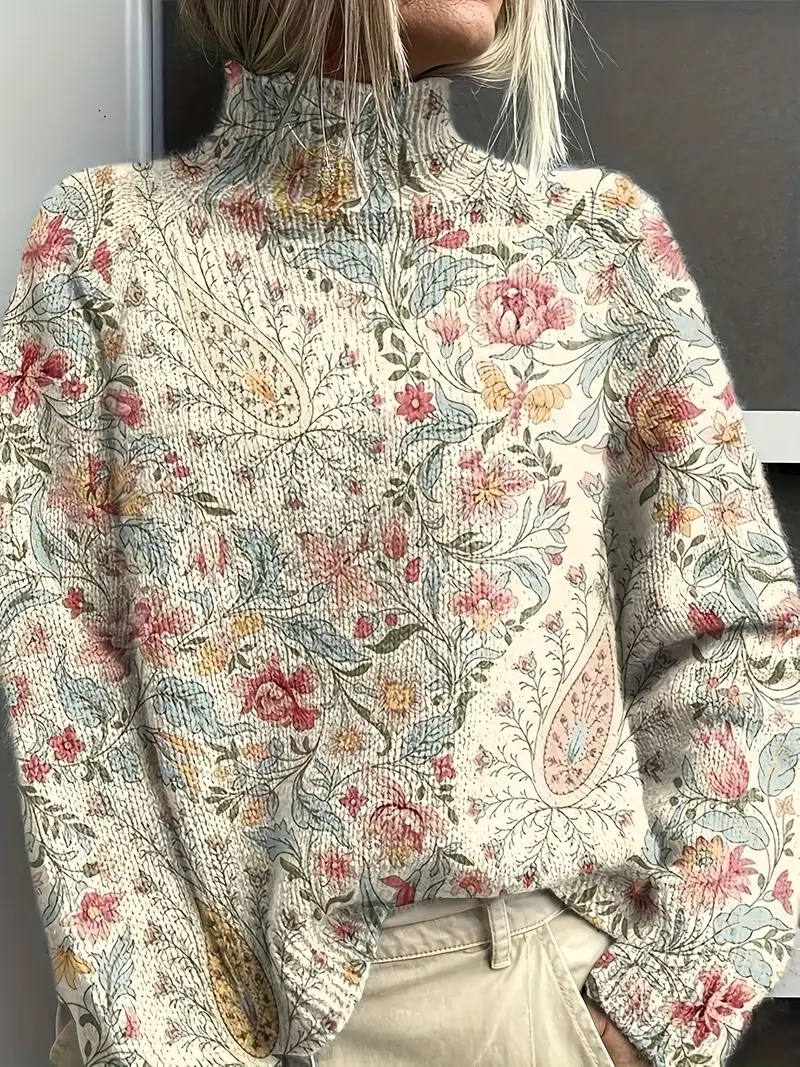 Women's Vintage Floral Print Pullover - Turtleneck Long Sleeve Loose Fit Polyester Top - Image 5