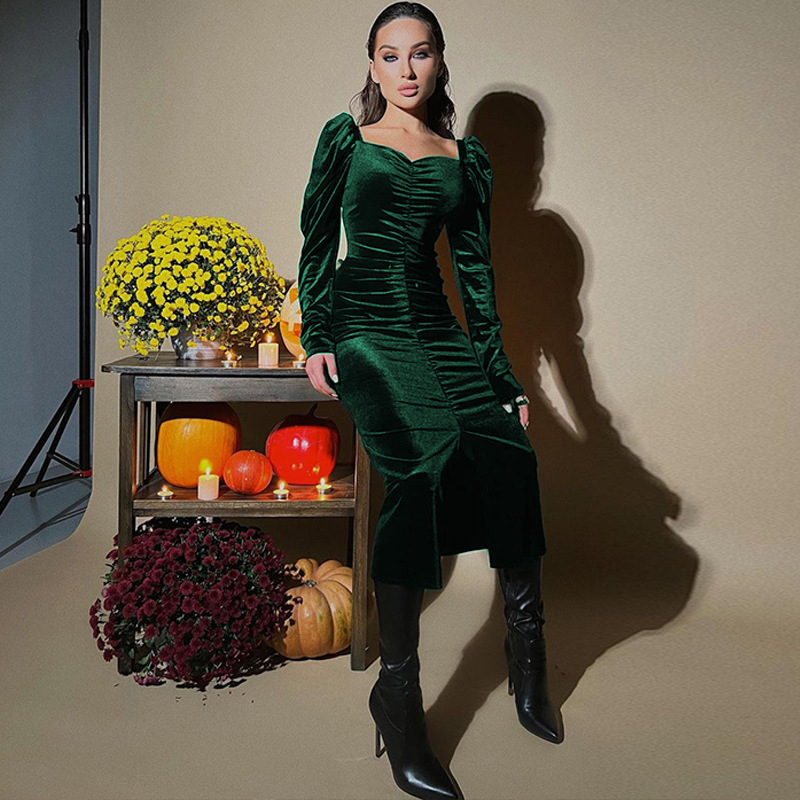 Women's Pleated Slim Fit Slit Long-sleeved Dress - Image 9