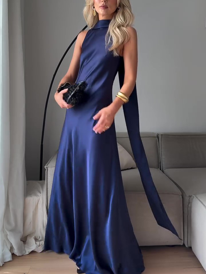 Royal Blue Satin Sleeveless Maxi Dress - Image 3