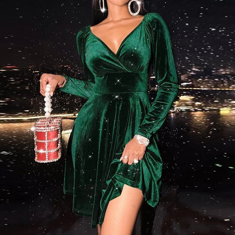 Autumn Festival Christmas Long Sleeve V-neck Dress - Image 3