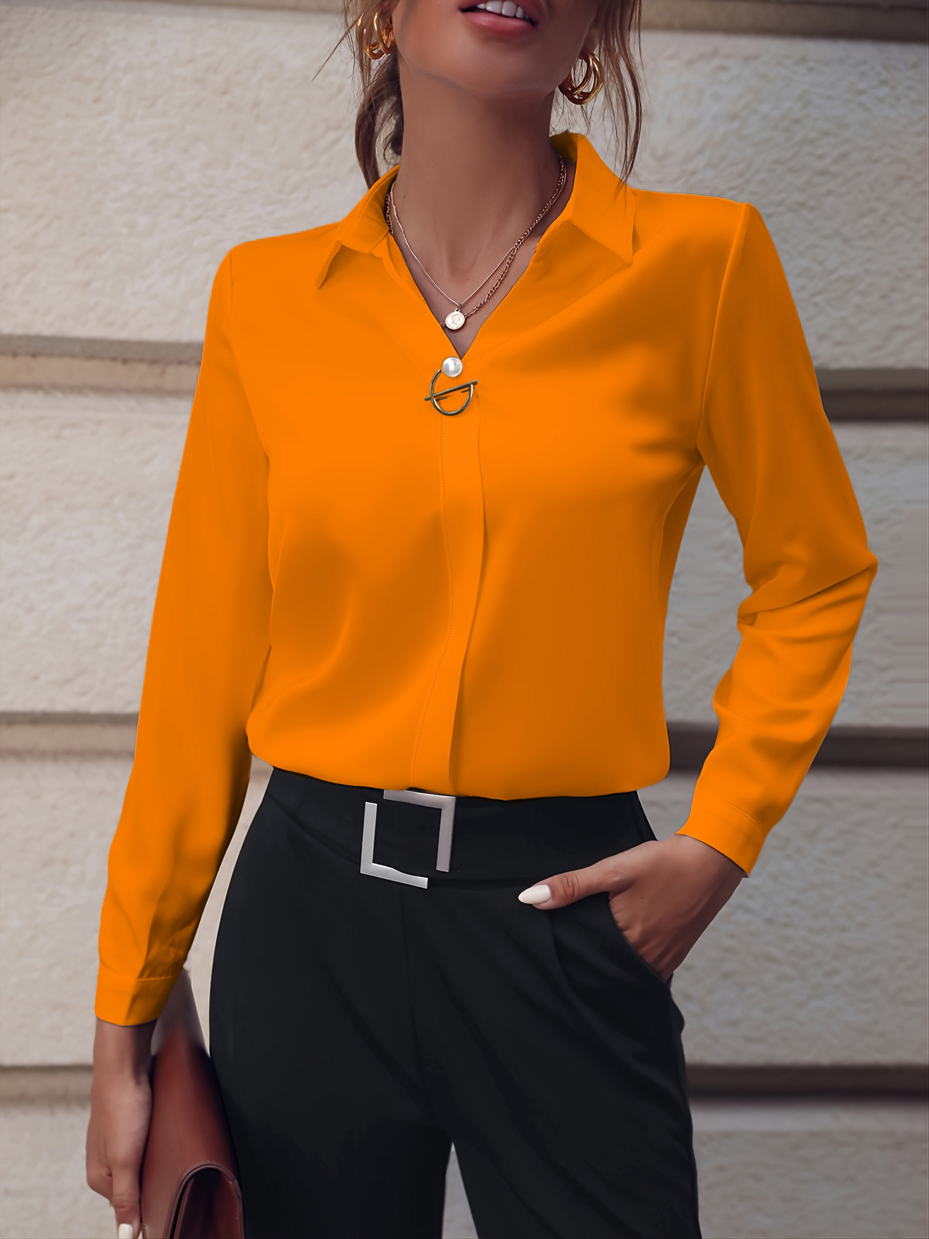 Commuter V-neck Long-sleeved Shirts Ins Fashion Solid Color Pullover Top Autumn And Spring Women's Clothing - Image 7