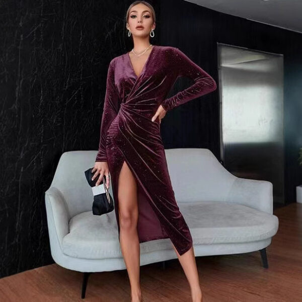 Women's V-neck Asymmetric Skirt Dress Gold Velvet Evening Dress - Image 2