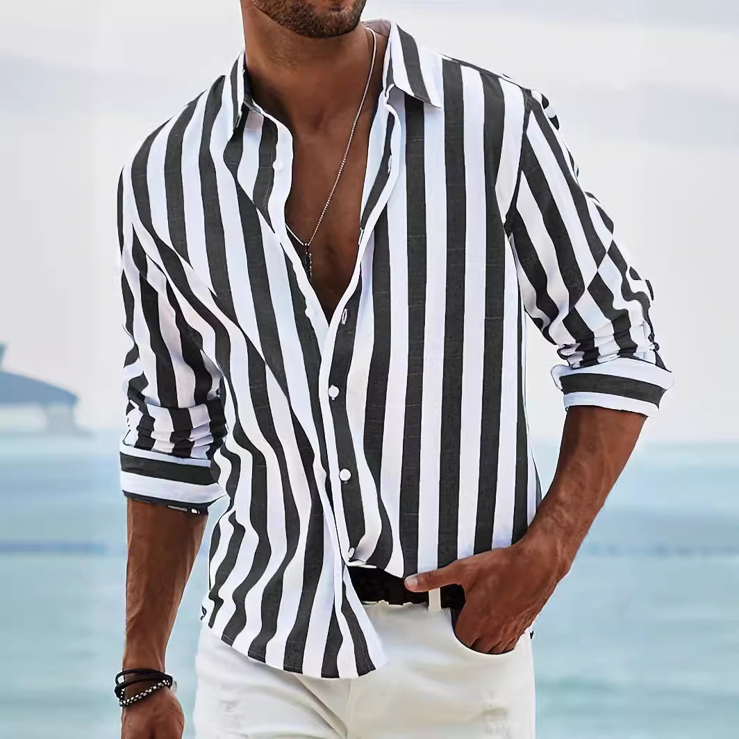 Men's Yarn-dyed Striped Casual Loose Long-sleeved Shirt - Image 5