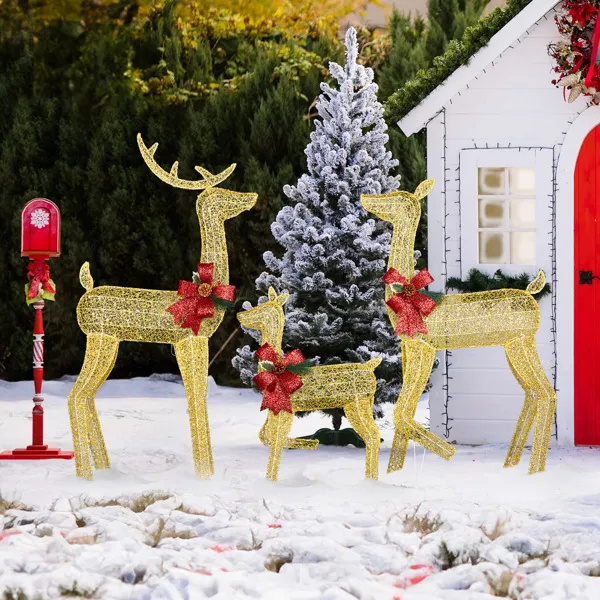 3-Piece Lighted Christmas Reindeer Family Set Outdoor Decorations, Weather Proof 2D Deer Family Set Of 3 Christmas Ornament Home Decor Pre-lit 200 LED Warm White Lights With Stakes, Golden - Image 2