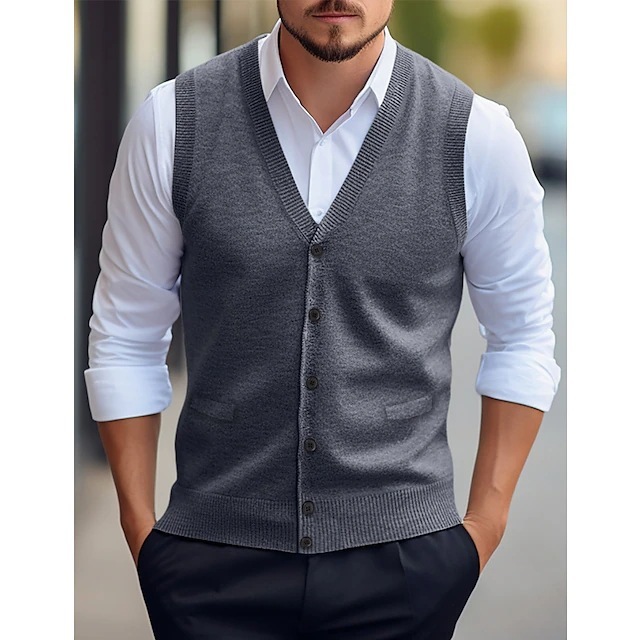 Casual Vest Solid Color Sleeveless Four Seasons Wool Knit Cardigan Men's Vest - Image 4