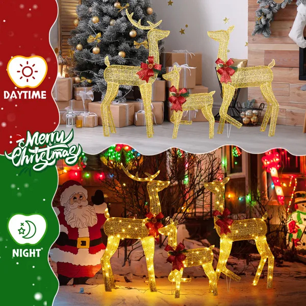 3-Piece Lighted Christmas Reindeer Family Set Outdoor Decorations, Weather Proof 2D Deer Family Set Of 3 Christmas Ornament Home Decor Pre-lit 200 LED Warm White Lights With Stakes, Golden - Image 3
