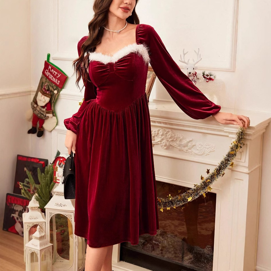 Women's Vintage Christmas Party Long Sleeve Red Dress - Image 6